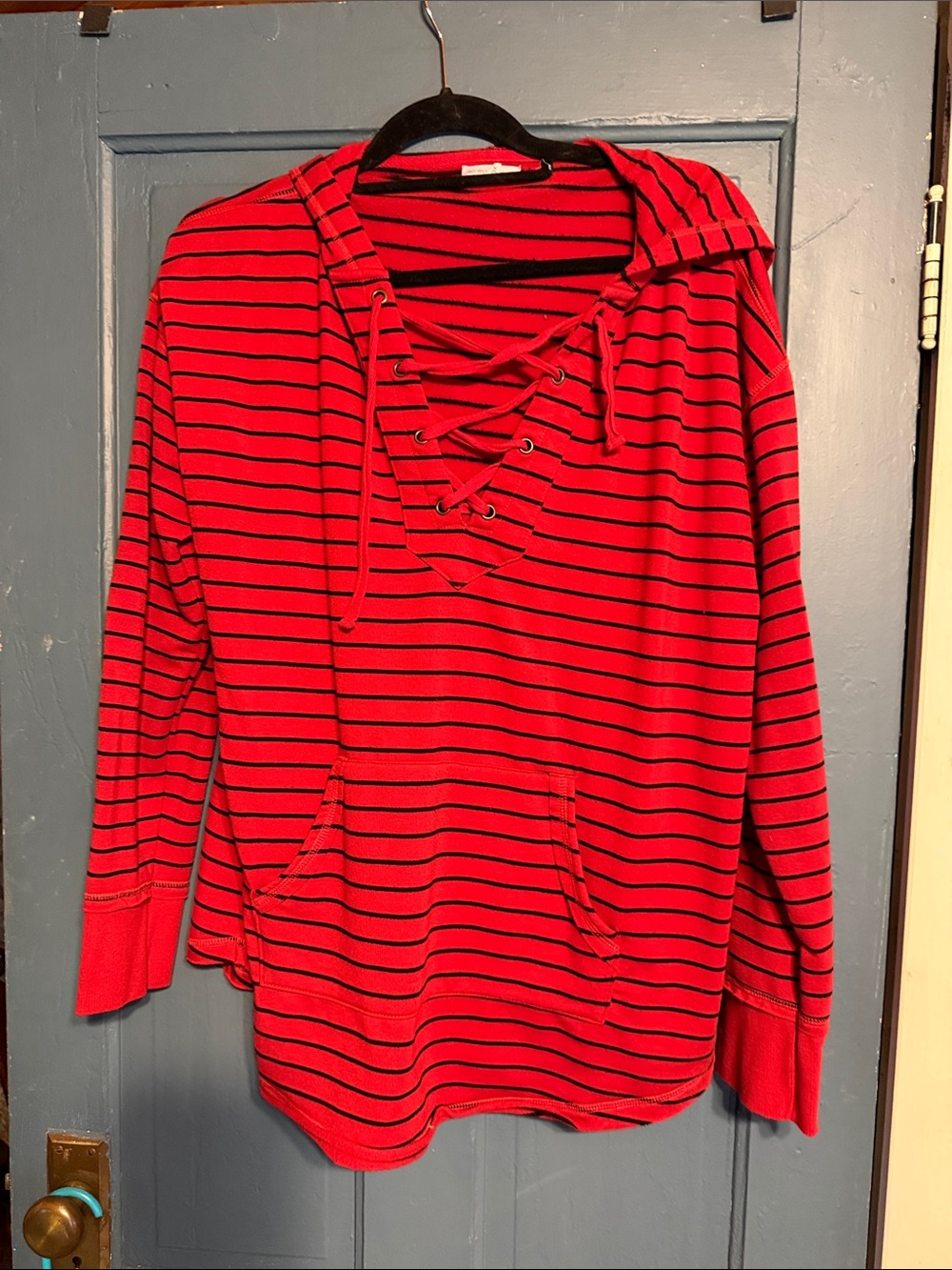 Maurices Red and Blue Striped Lace-Up V-Neck Sweater